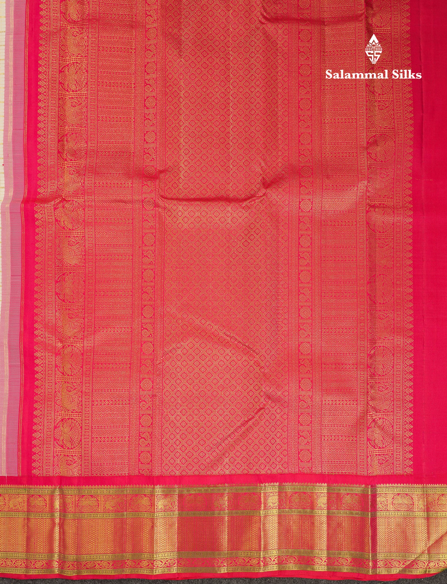 Beautiful Korvai Half White Checks Pure Kanjivaram Silk Saree With Contrast Pinkish Red Traditional Border