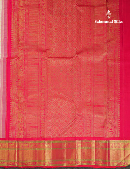 Beautiful Korvai Half White Checks Pure Kanjivaram Silk Saree With Contrast Pinkish Red Traditional Border
