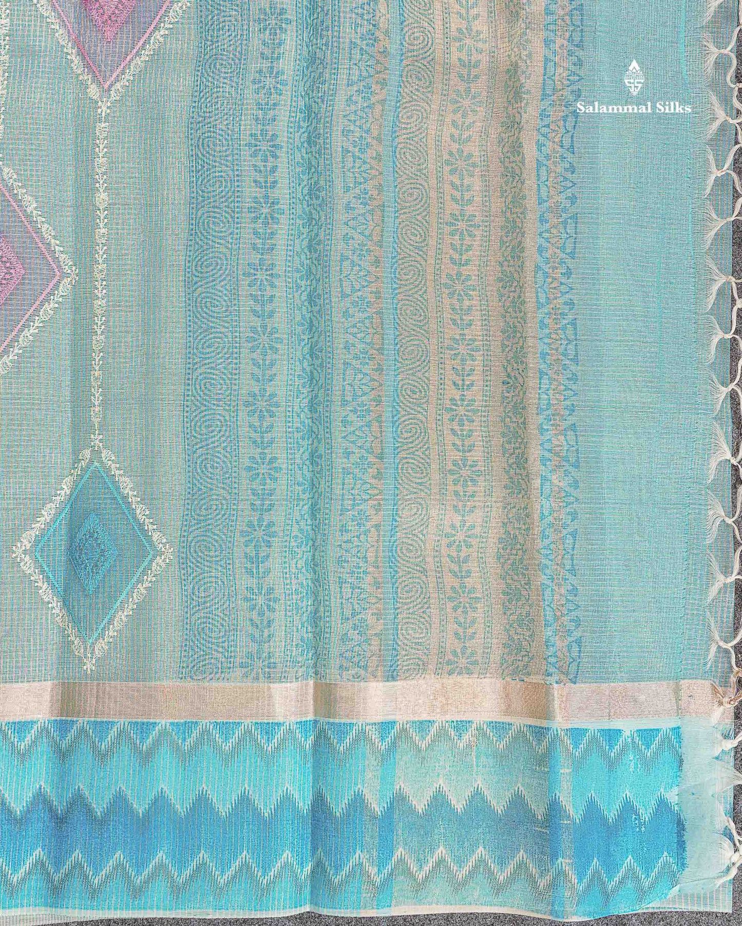 Kota Cotton Saree - Light Blue Tiny Zari Checks Embroidery Work With Fancy Border