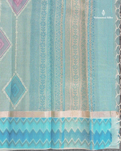Kota Cotton Saree - Light Blue Tiny Zari Checks Embroidery Work With Fancy Border
