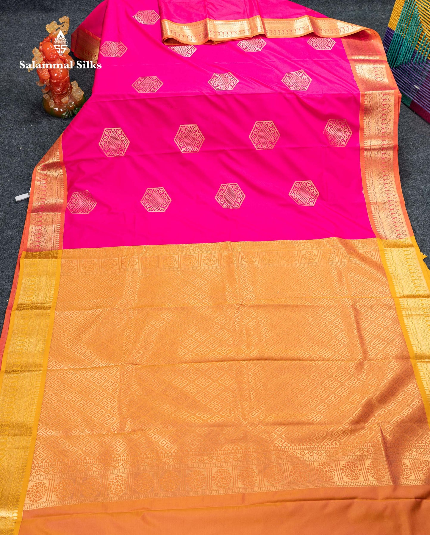 Beautiful Magenta Pink Semi Silk Saree With Contrast Mustard Yellow Border