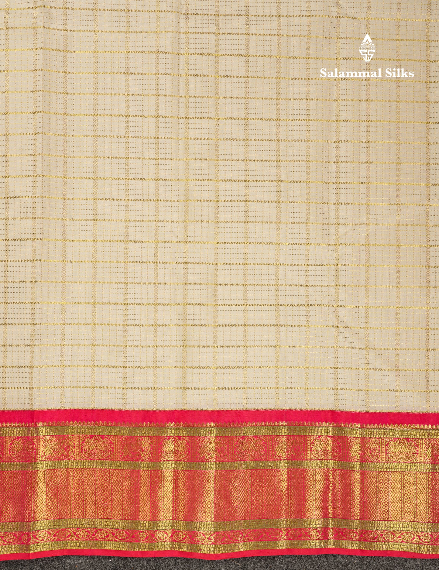 Beautiful Korvai Half White Checks Pure Kanjivaram Silk Saree With Contrast Pinkish Red Traditional Border