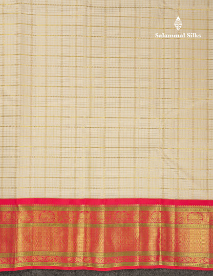Beautiful Korvai Half White Checks Pure Kanjivaram Silk Saree With Contrast Pinkish Red Traditional Border