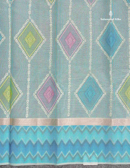 Kota Cotton Saree - Light Blue Tiny Zari Checks Embroidery Work With Fancy Border