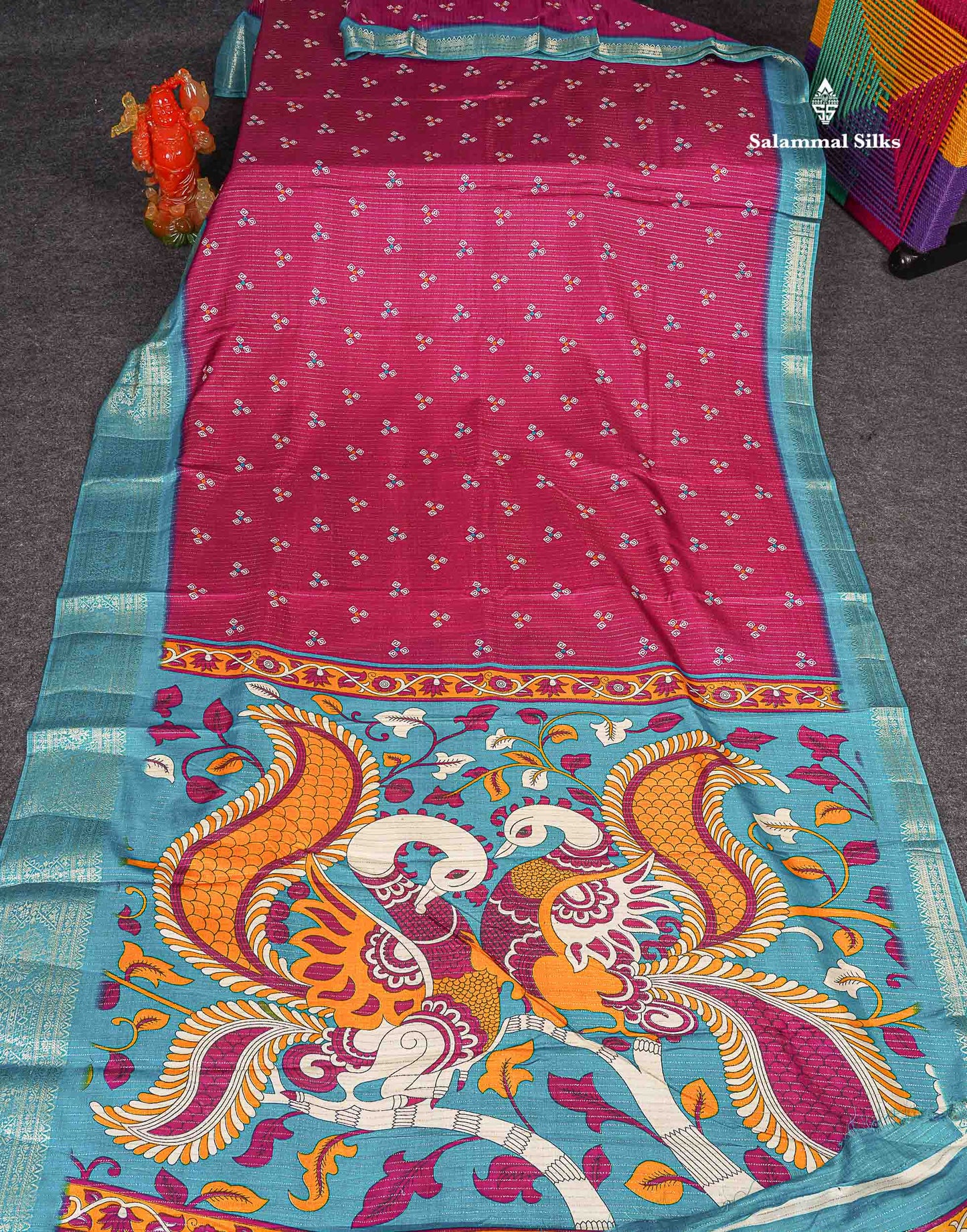 Semi Tussar Fancy Saree - Wine Colour Body With Contrast Ramar Blue Fancy Border 
