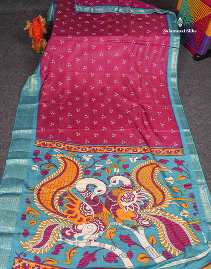 Semi Tussar Fancy Saree - Wine Colour Body With Contrast Ramar Blue Fancy Border 