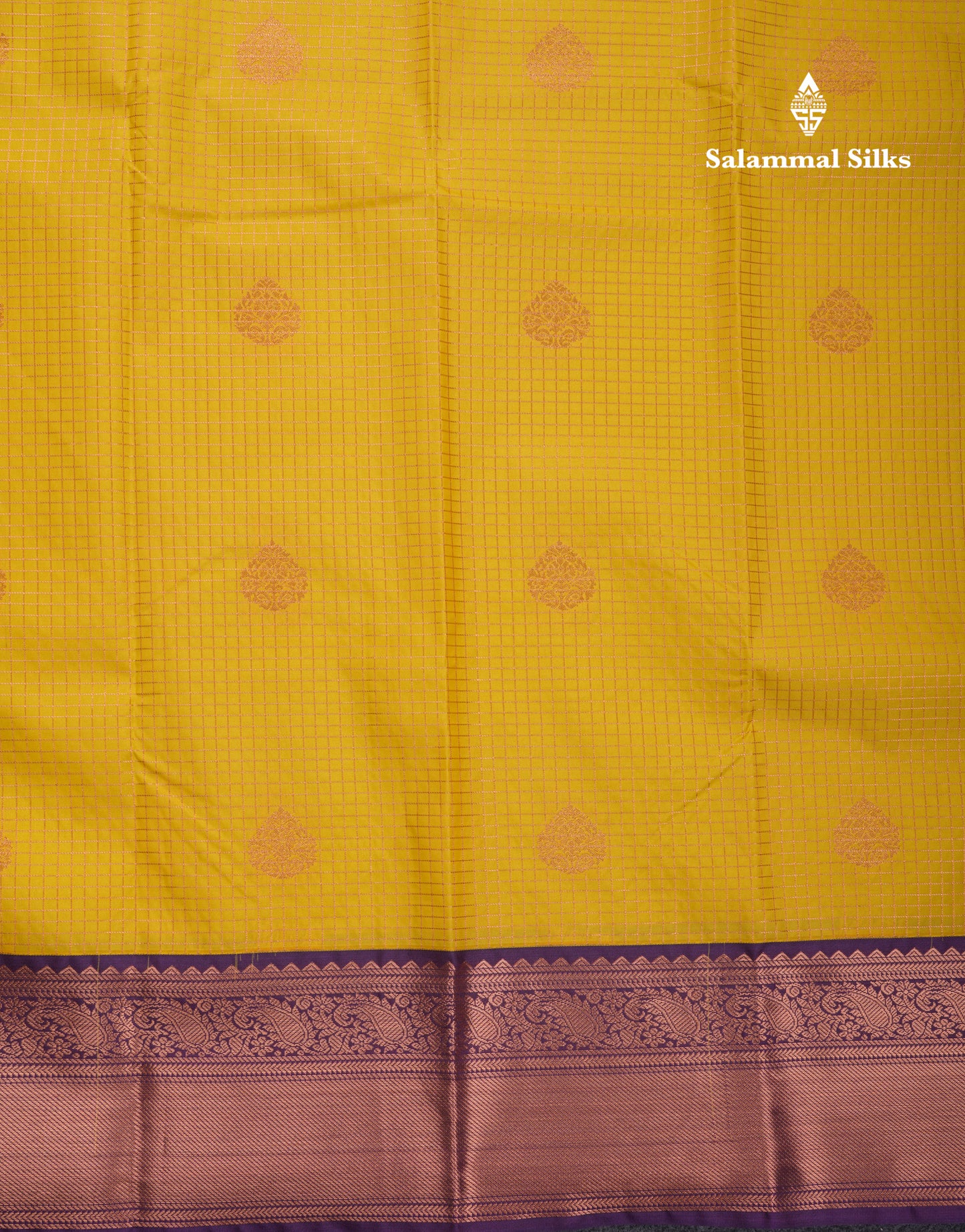 Beautiful Yellow Small Zari Checks Semi Silk Saree With Contrast Magenta Border