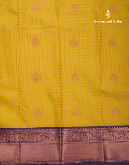 Beautiful Yellow Small Zari Checks Semi Silk Saree With Contrast Magenta Border