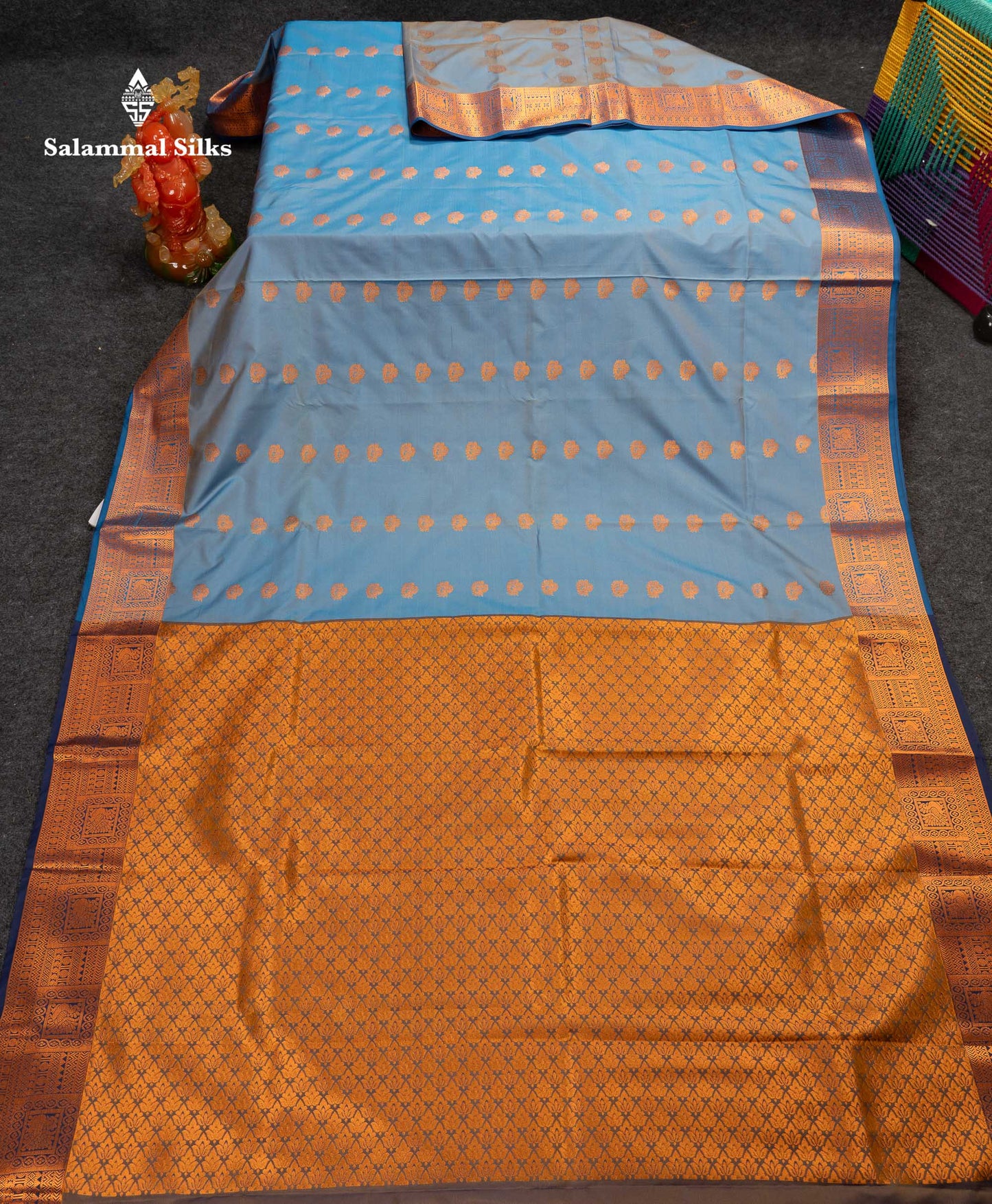 Beautiful Light  Blue Semi Silk Saree With Contrast Peacock Blue Traditional Border