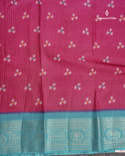 Semi Tussar Fancy Saree - Pink Colour Body With Contrast Ramar Blue Fancy Border