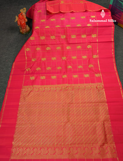 Beautiful Dual Tone Redish Pink Checks With Mango & Peacock Butta Pure Kanjivaram Silk Saree With Traditional Gap Border