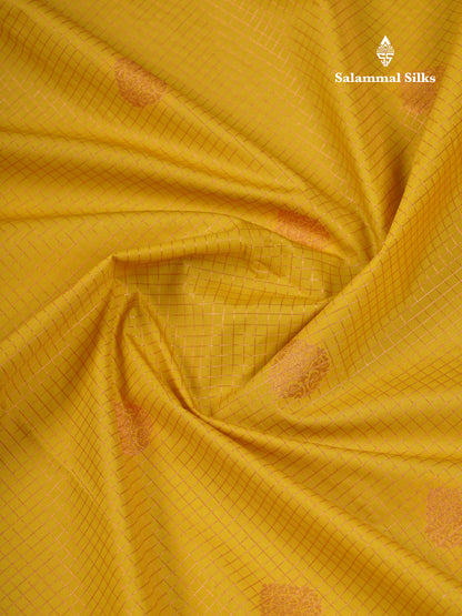 Beautiful Yellow Small Zari Checks Semi Silk Saree With Contrast Magenta Border
