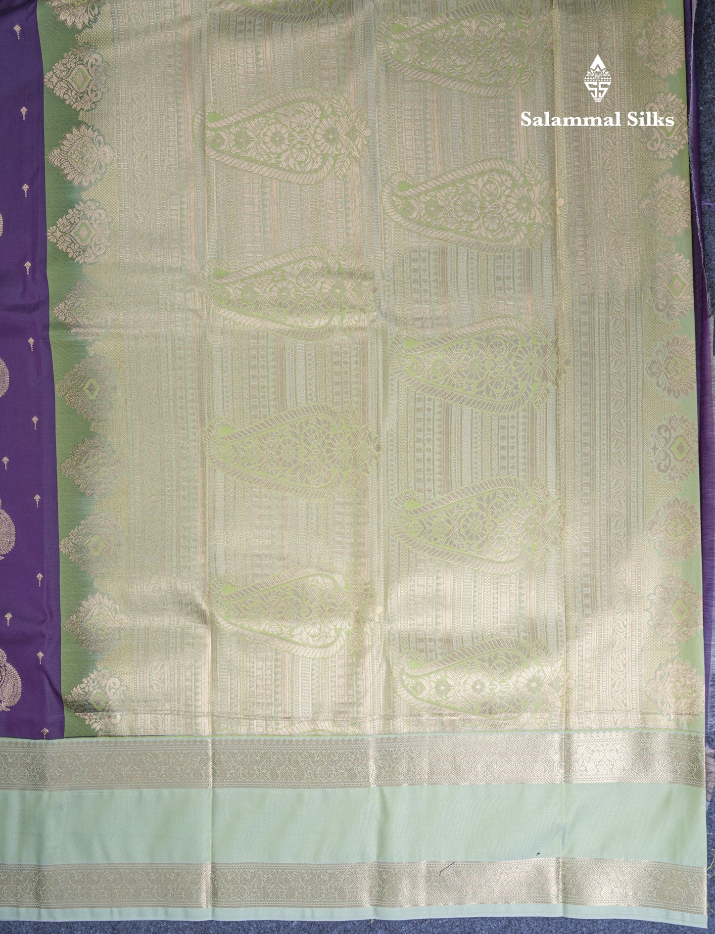 Dark Purple Semi Silk Saree With Contrast Pista Green Traditional Gap Border