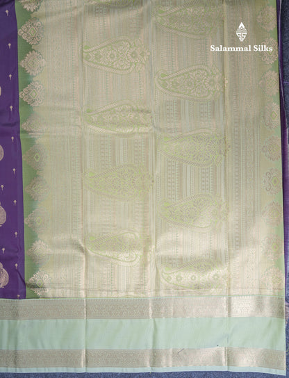 Dark Purple Semi Silk Saree With Contrast Pista Green Traditional Gap Border
