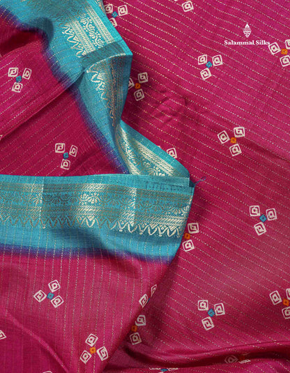 Semi Tussar Fancy Saree - Pink Colour Body With Contrast Ramar Blue Fancy Border