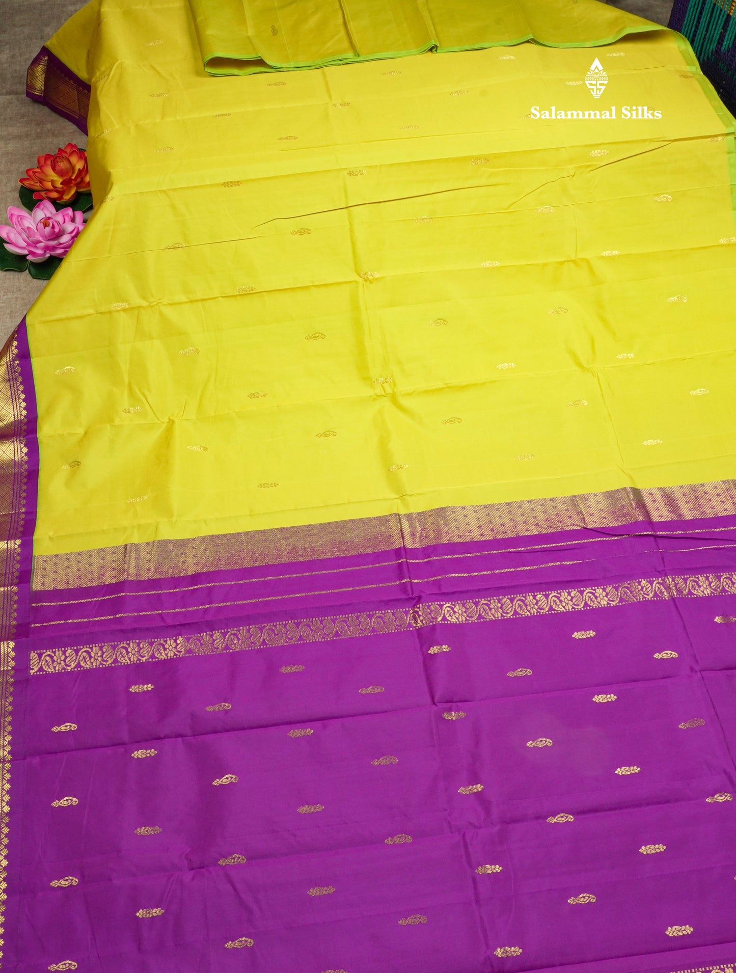 Parrot Green Pure Mix Saree With One Side Contrast Magenta Border