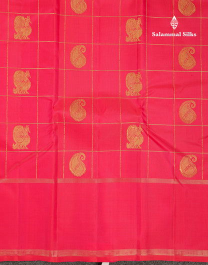 Beautiful Dual Tone Redish Pink Checks With Mango & Peacock Butta Pure Kanjivaram Silk Saree With Traditional Gap Border
