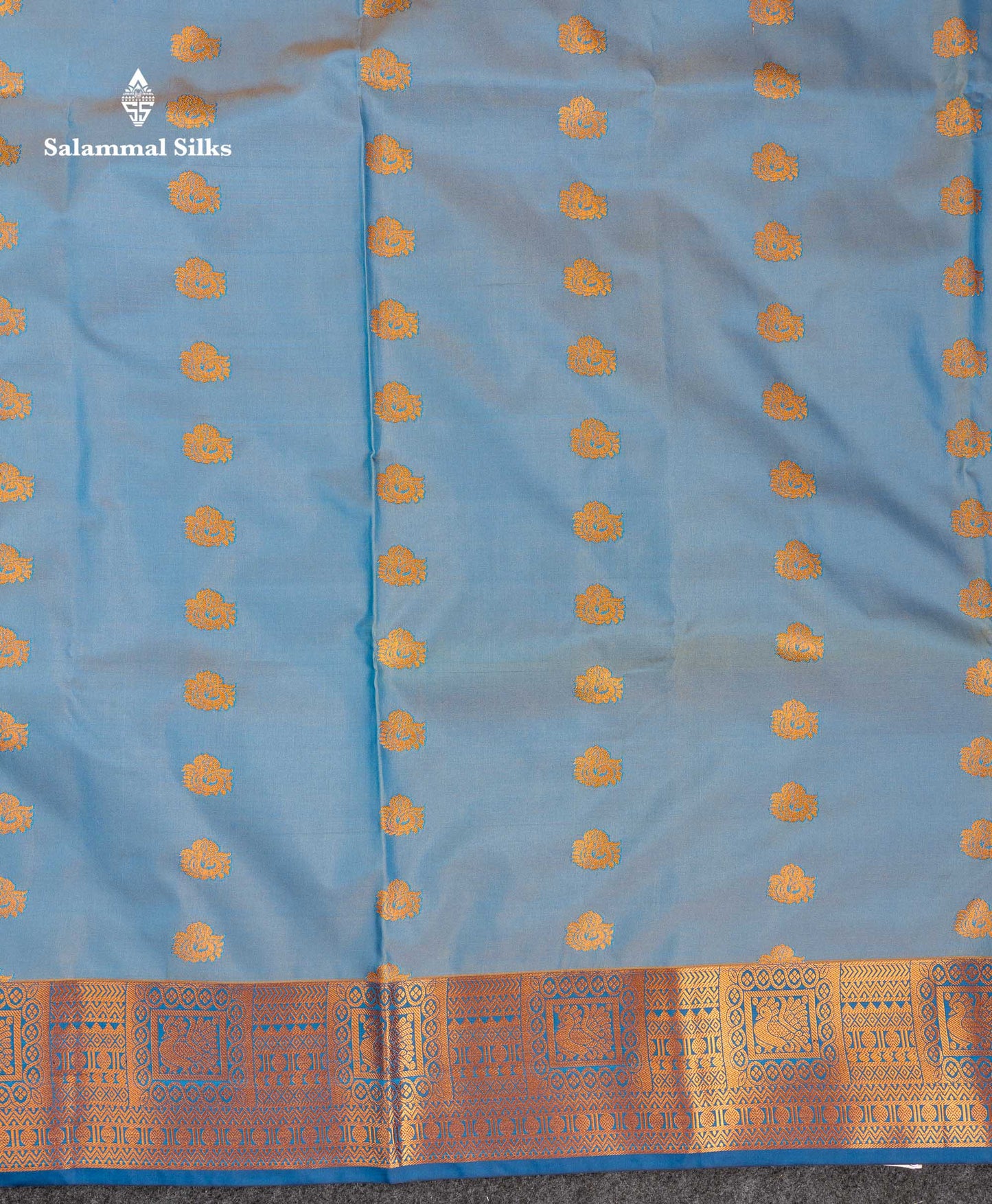 Beautiful Light  Blue Semi Silk Saree With Contrast Peacock Blue Traditional Border
