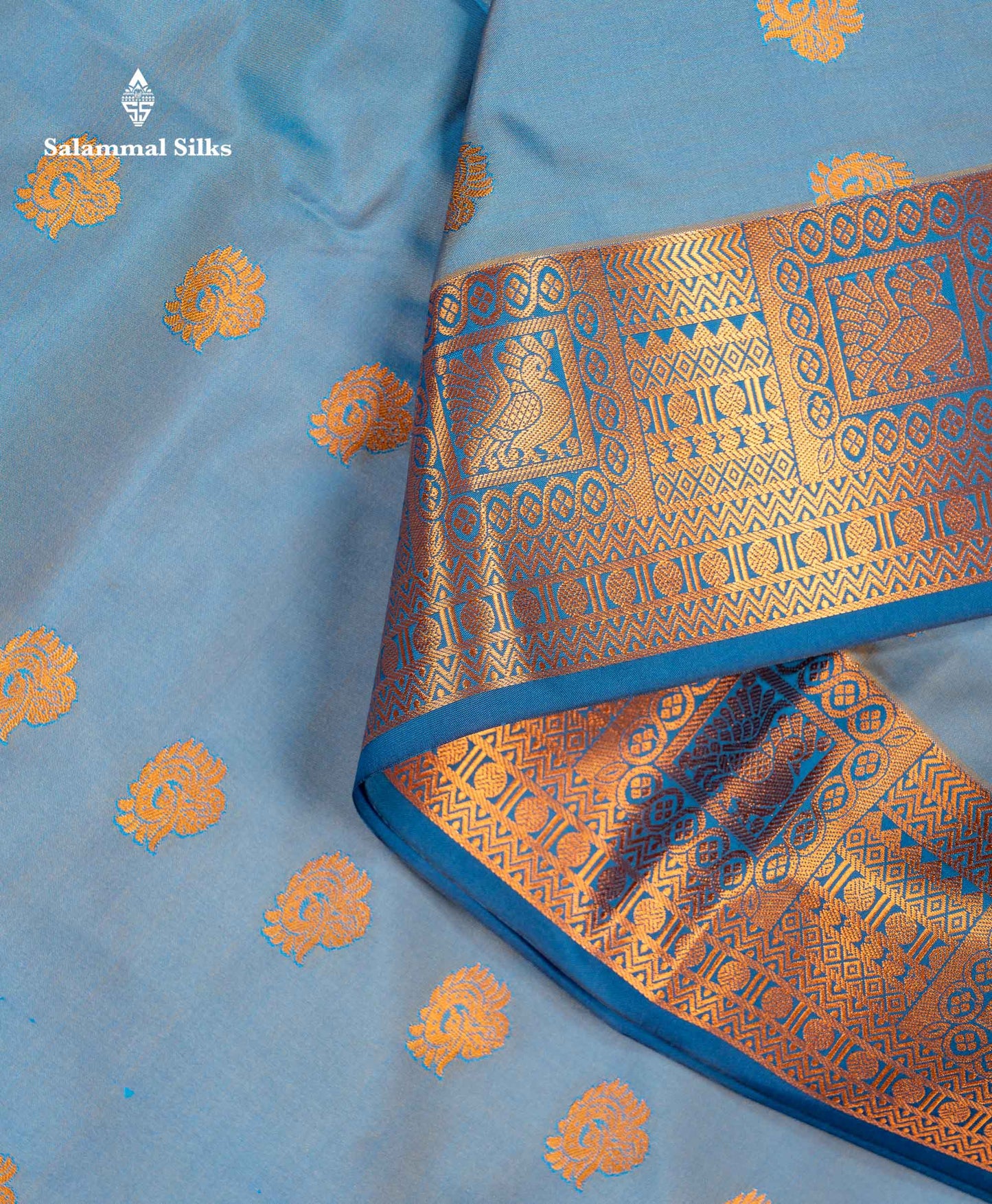 Beautiful Light  Blue Semi Silk Saree With Contrast Peacock Blue Traditional Border