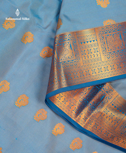 Beautiful Light  Blue Semi Silk Saree With Contrast Peacock Blue Traditional Border