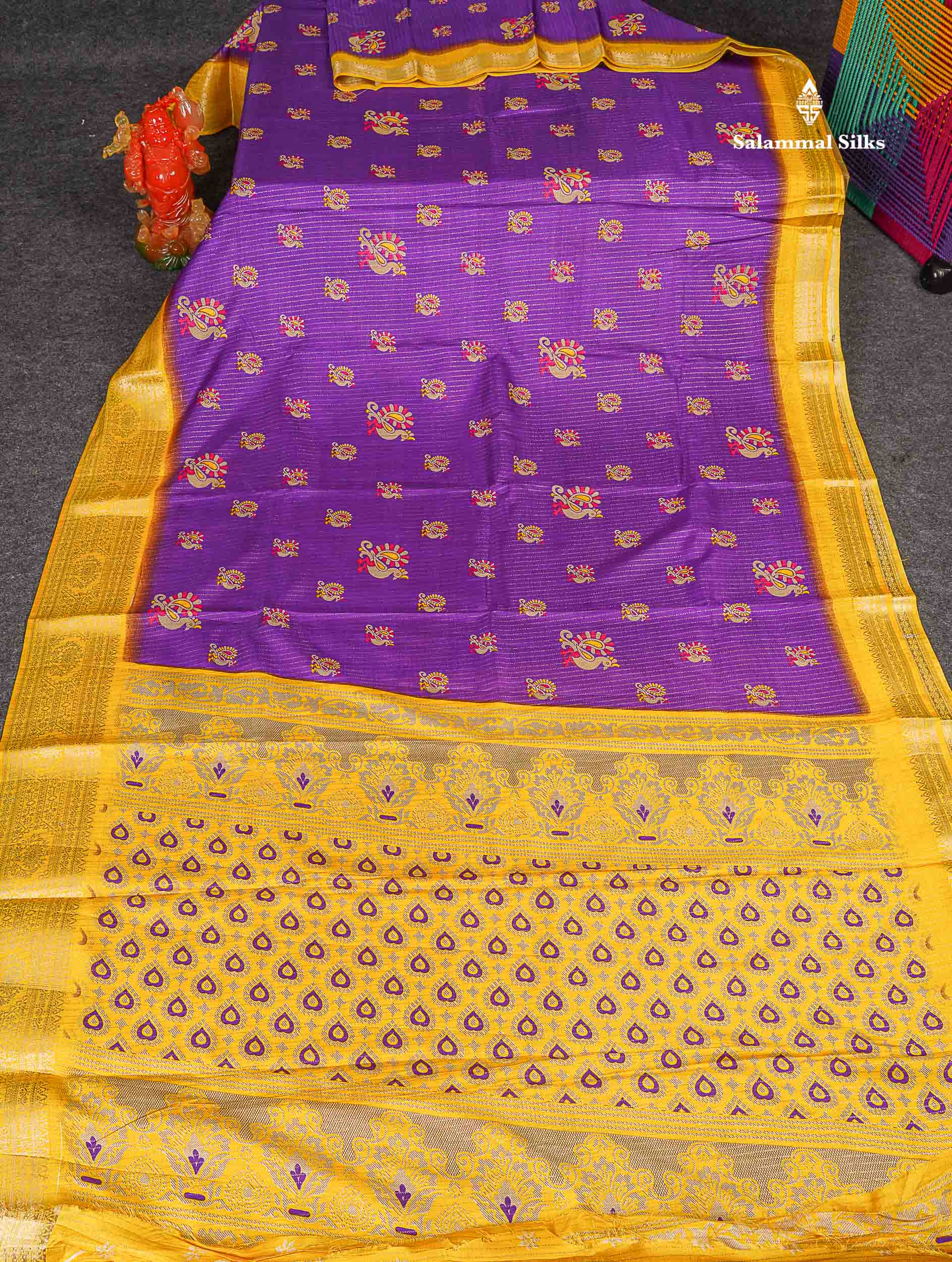 Semi Tussar Fancy Saree - Purple Colour Body With Contrast Yellow Fancy Border
