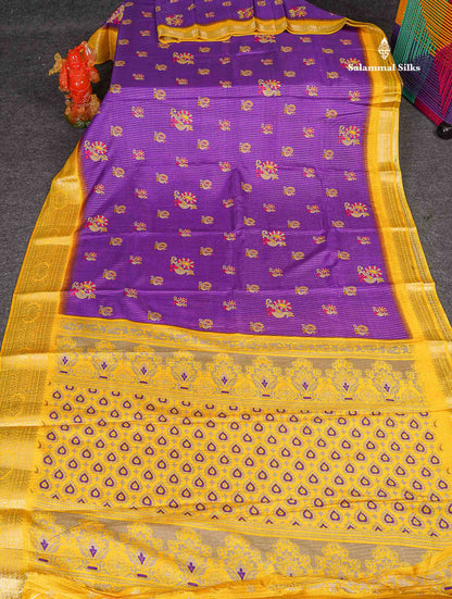 Semi Tussar Fancy Saree - Purple Colour Body With Contrast Yellow Fancy Border