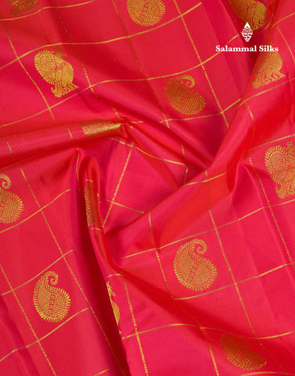 Beautiful Dual Tone Redish Pink Checks With Mango & Peacock Butta Pure Kanjivaram Silk Saree With Traditional Gap Border