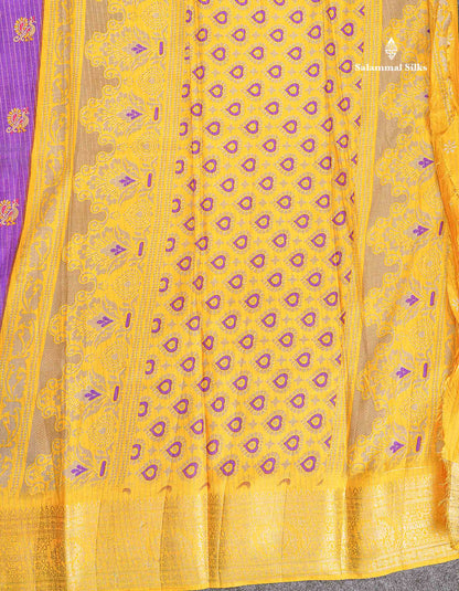 Semi Tussar Fancy Saree - Purple Colour Body With Contrast Yellow Fancy Border