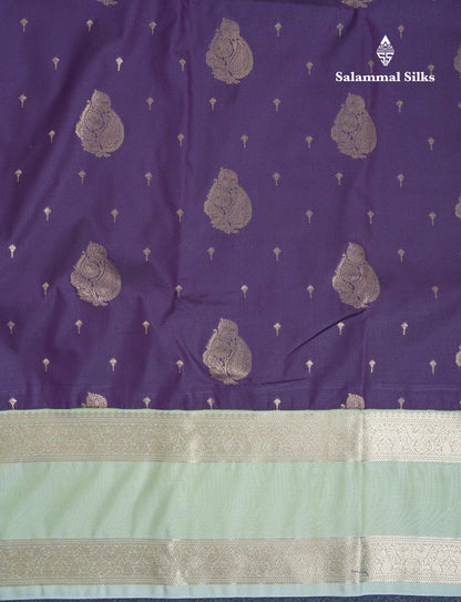 Dark Purple Semi Silk Saree With Contrast Pista Green Traditional Gap Border