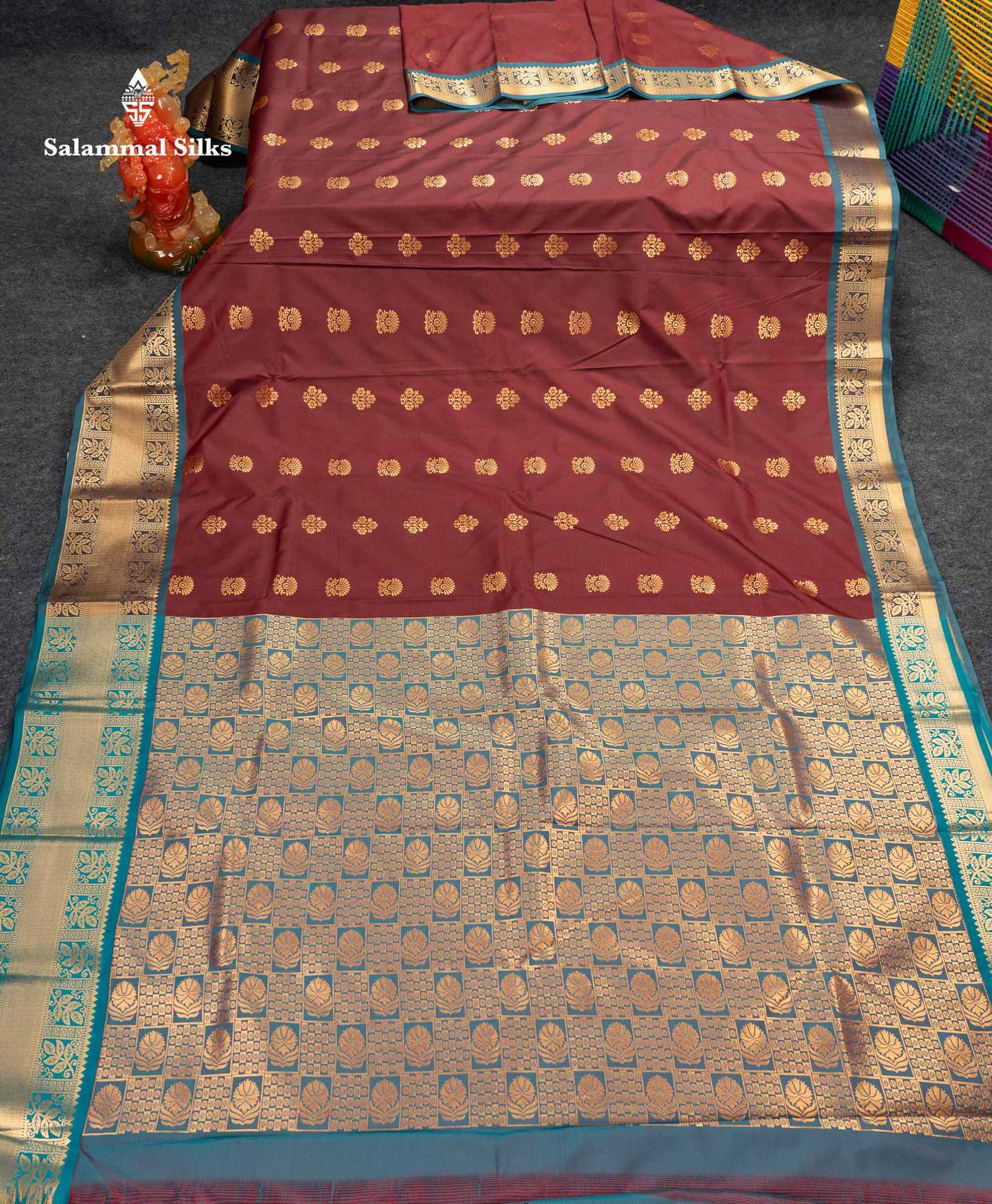 Beautiful Dark Maroon Semi Silk Saree With Contrast Peacock Blue Traditional Evening Morning Border