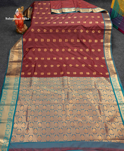 Beautiful Dark Maroon Semi Silk Saree With Contrast Peacock Blue Traditional Evening Morning Border