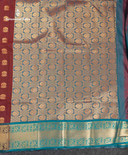 Beautiful Dark Maroon Semi Silk Saree With Contrast Peacock Blue Traditional Evening Morning Border