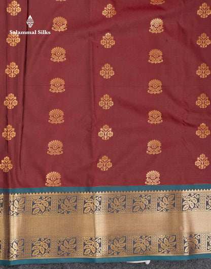 Beautiful Dark Maroon Semi Silk Saree With Contrast Peacock Blue Traditional Evening Morning Border