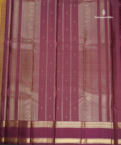 Pure Kanjivaram Silk Saree - Mehandi Green Colour Body With Contrast Wine Purple Gap Border