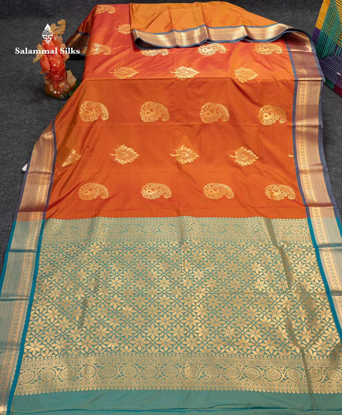 Beautiful Orange Semi Silk Saree With Contrast Sapphire Green Traditional Border