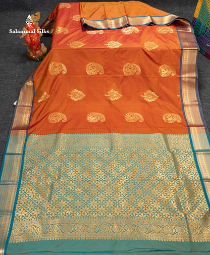 Beautiful Orange Semi Silk Saree With Contrast Sapphire Green Traditional Border