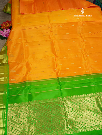 Mango Yellow Pure Kanjivaram Silk Saree With One Side Contrast Green Border