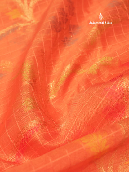 Peach Colour Small Checks Semi Silk Saree With Contrast Blue Shade Border