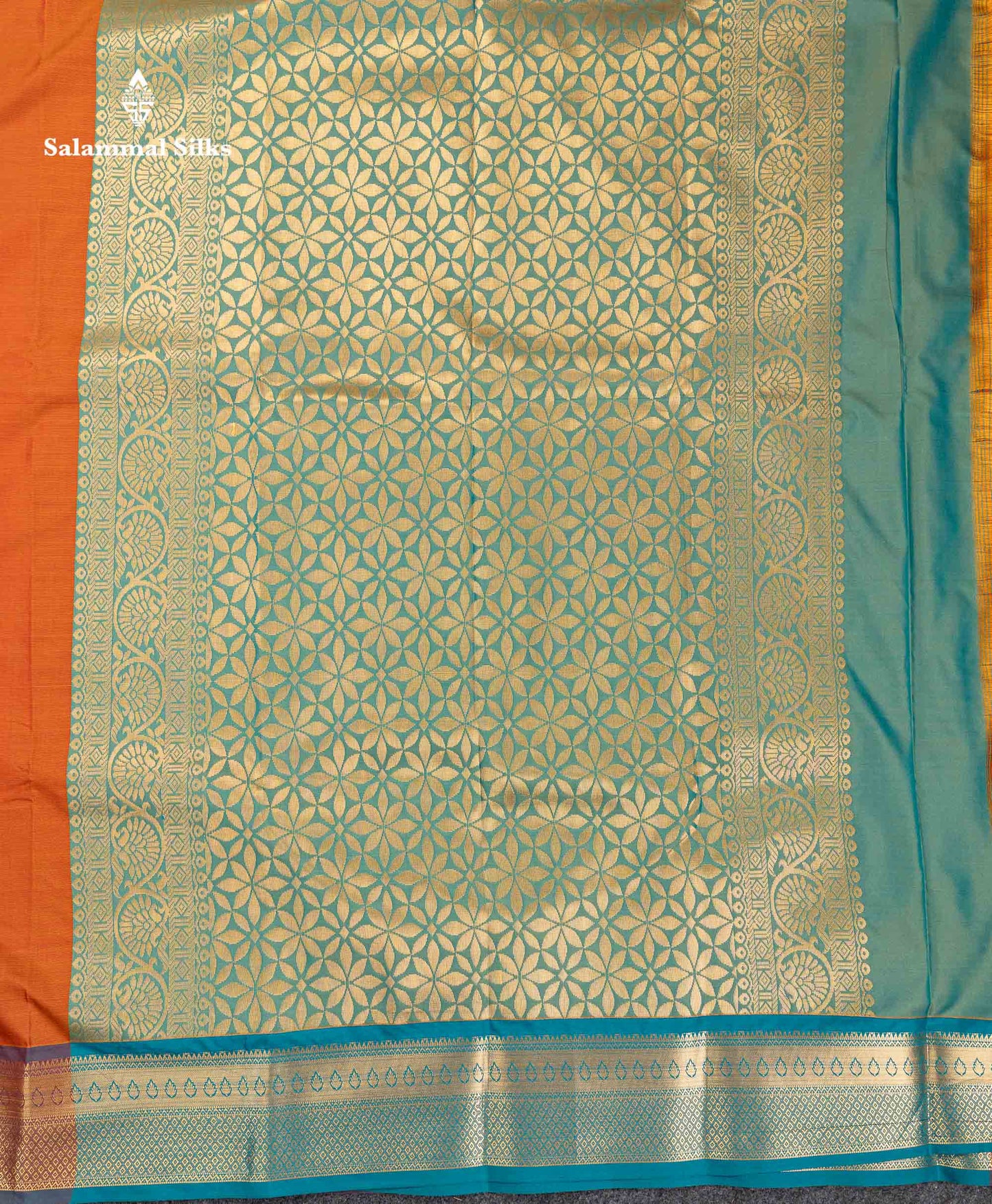 Beautiful Orange Semi Silk Saree With Contrast Sapphire Green Traditional Border