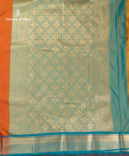 Beautiful Orange Semi Silk Saree With Contrast Sapphire Green Traditional Border