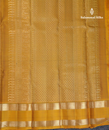 Beautiful Grey Small Checks Pure Kanjivaram Silk Saree With Contrast Olive Mustard Yellow Traditional Rettapet Border