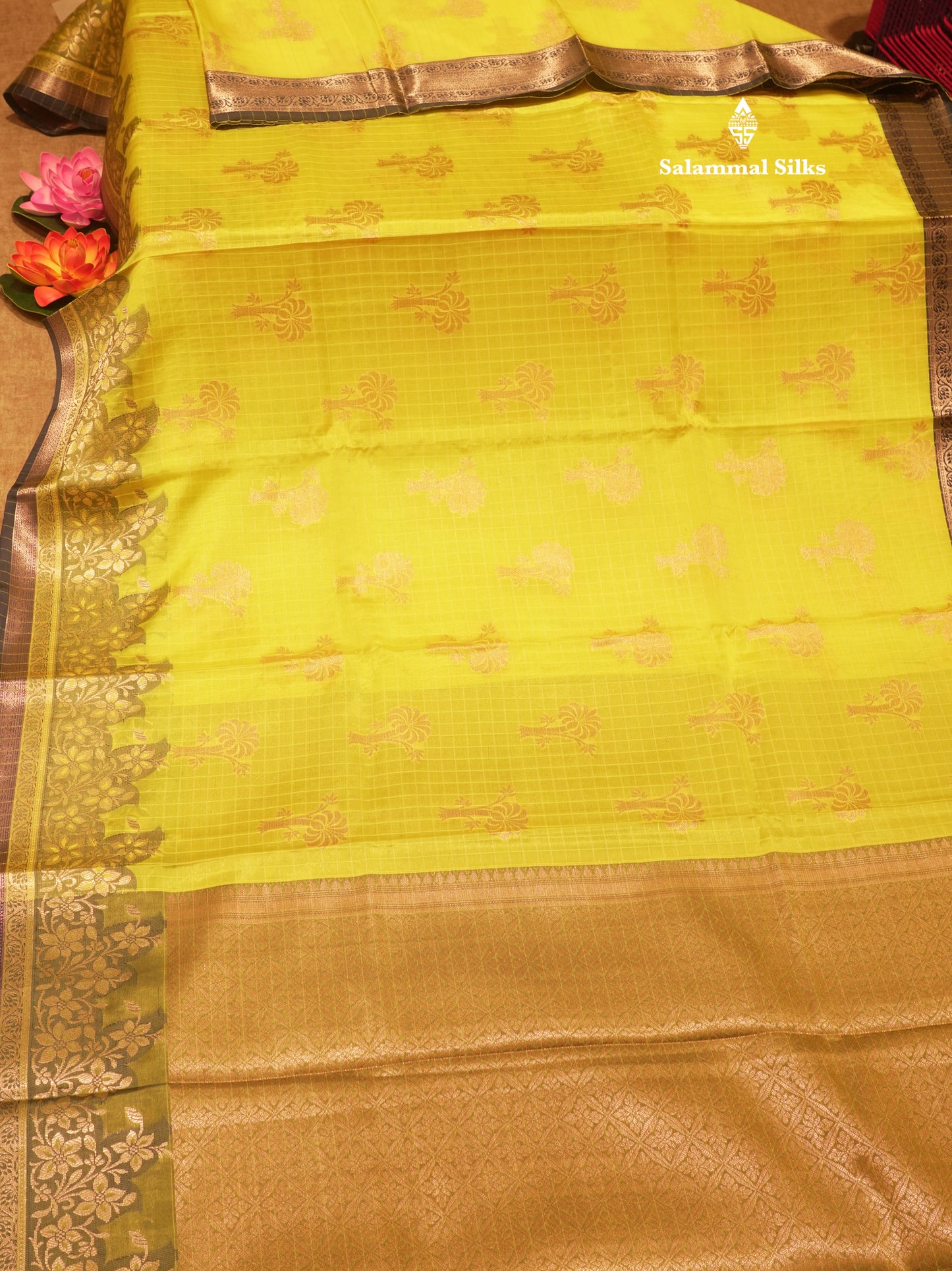 Lemon Yellow Colour Small Checks Semi Silk Saree With Fancy Border