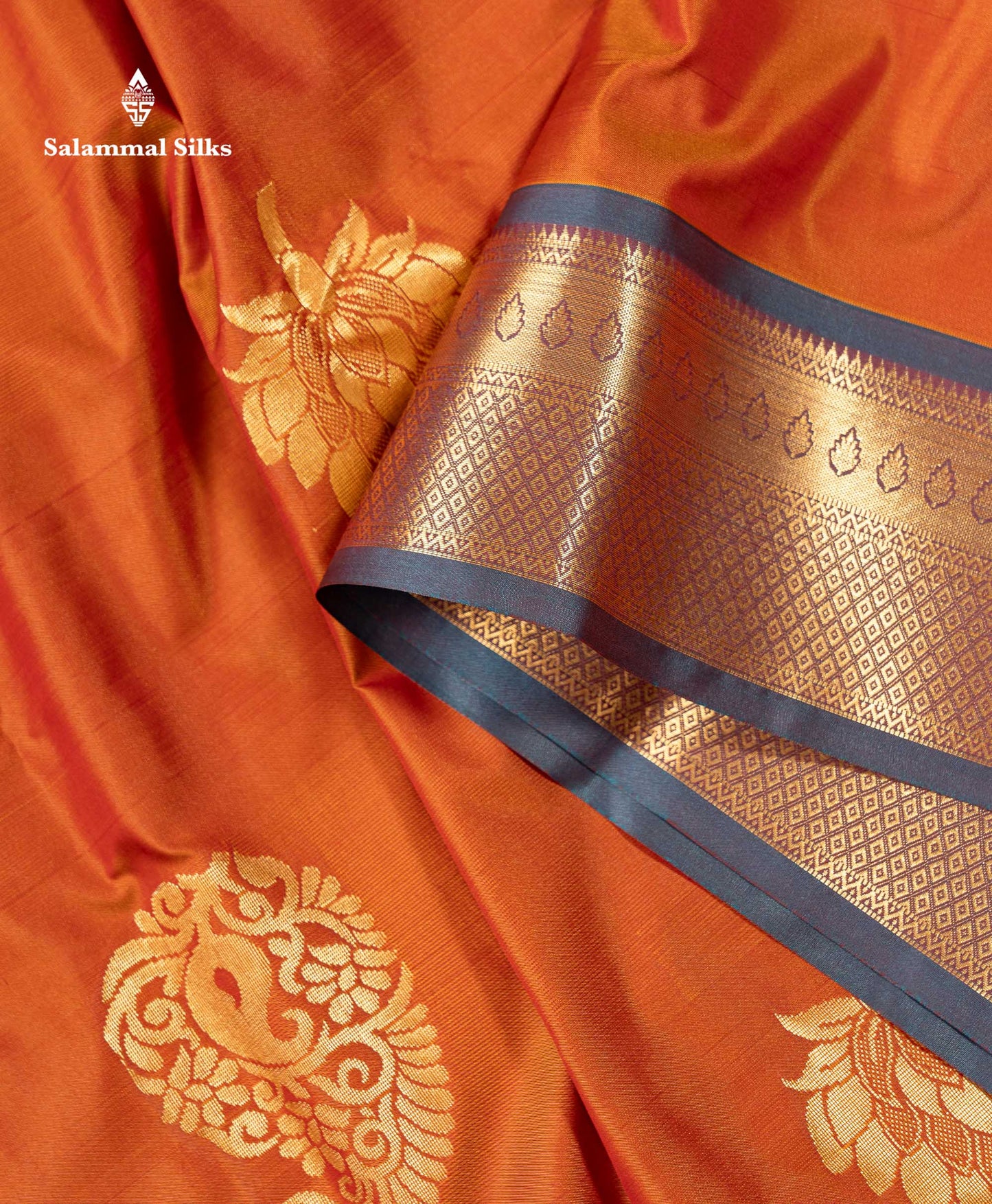 Beautiful Orange Semi Silk Saree With Contrast Sapphire Green Traditional Border