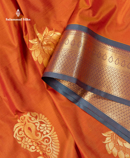 Beautiful Orange Semi Silk Saree With Contrast Sapphire Green Traditional Border