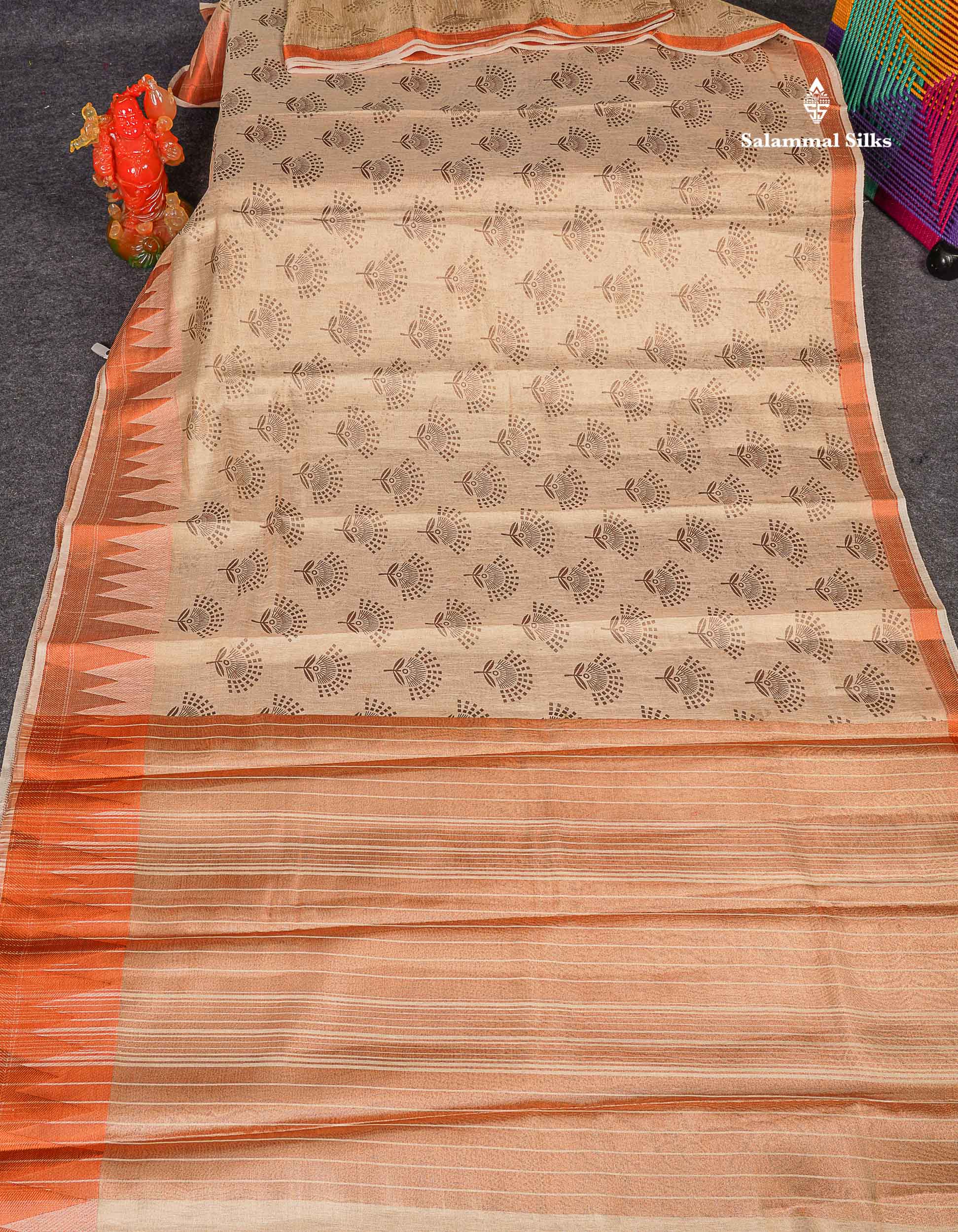 Semi Raw Silk Tissue Saree - Cream Sandal Colour Body With Traditional Temple Border