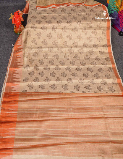 Semi Raw Silk Tissue Saree - Cream Sandal Colour Body With Traditional Temple Border