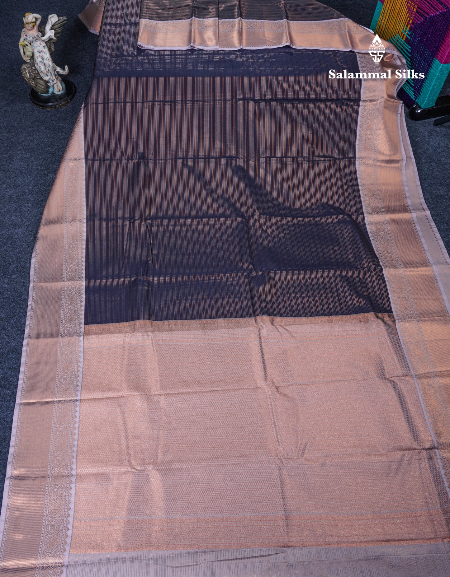 Dark Navy Blue Vairaoosi Lines Semi Silk Saree With Contrast Light Grey Border