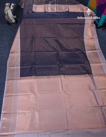 Dark Navy Blue Vairaoosi Lines Semi Silk Saree With Contrast Light Grey Border