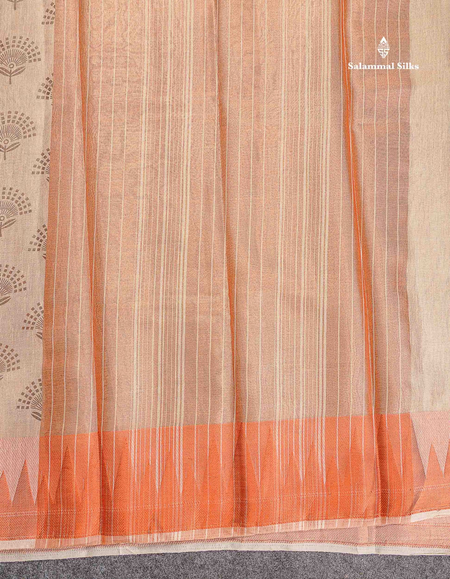 Semi Raw Silk Tissue Saree - Cream Sandal Colour Body With Traditional Temple Border