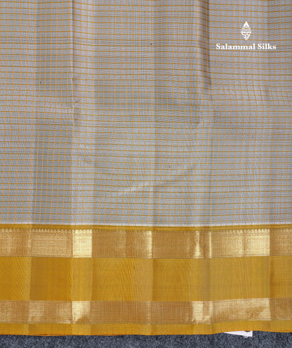 Beautiful Grey Small Checks Pure Kanjivaram Silk Saree With Contrast Olive Mustard Yellow Traditional Rettapet Border